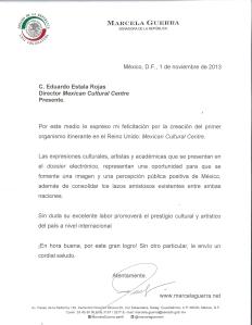 Carta de la senadora mexicana Marcela Guerra Castillo al Mexican Cultural Centre.  